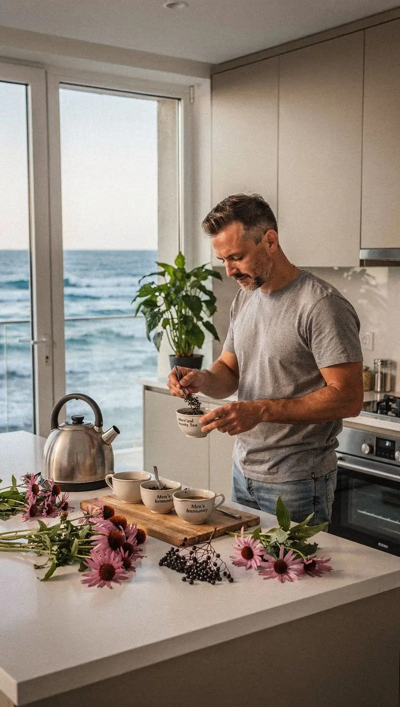 Prikaz sastojaka čaja, uključujući sušene bobice zove i korijen echinacee.